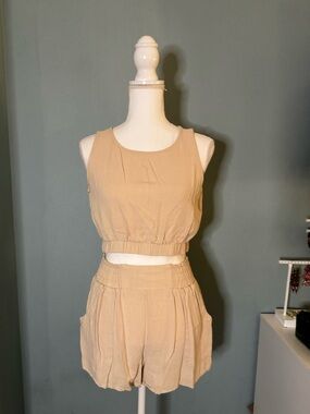Linen Blend Summer Set Sleeveless Crop Top & High-Waist Shorts- Beige Small